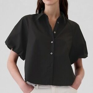 NWT GAP Black Cotton Poplin Bubble Short Sleeve Collared Button Up‎ Shirt Large